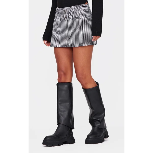 Black Gingham Double Buckle Pleated Mini Skirt