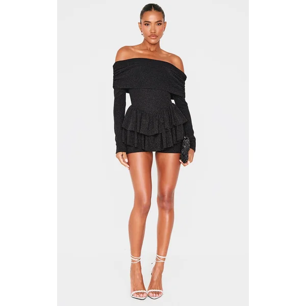 Black Glitter Bardot Long Sleeve Rara Romper