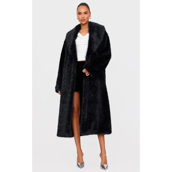 Black Glitter Faux Fur Maxi Coat