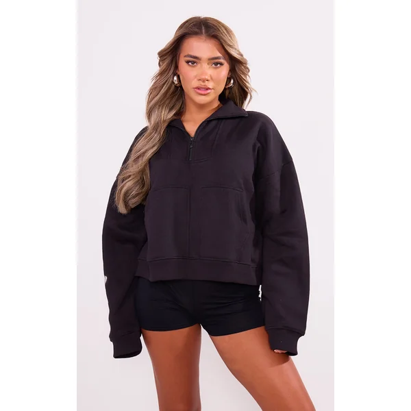 Black Half Zip Double Pocket Seam Detail Sweatshirt