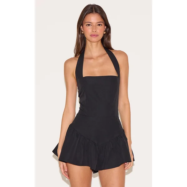 Black Halter Neck Drop Waist Floaty Romper