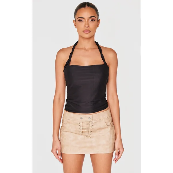 Black Halter Neck Twist Strap Detail Crop Top