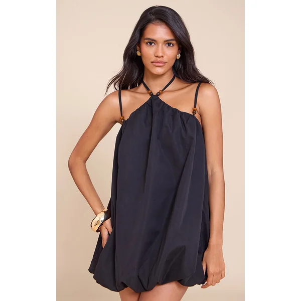 Black Halterneck Bead Detail Puffball Dress
