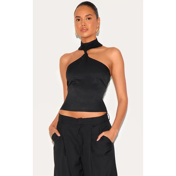 Black Halterneck Detail Long Top