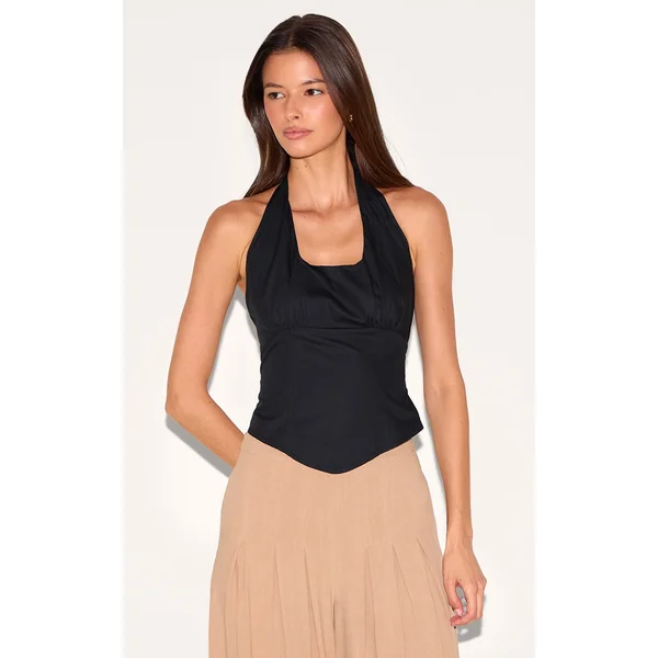 Black Halterneck Dip Hem Top