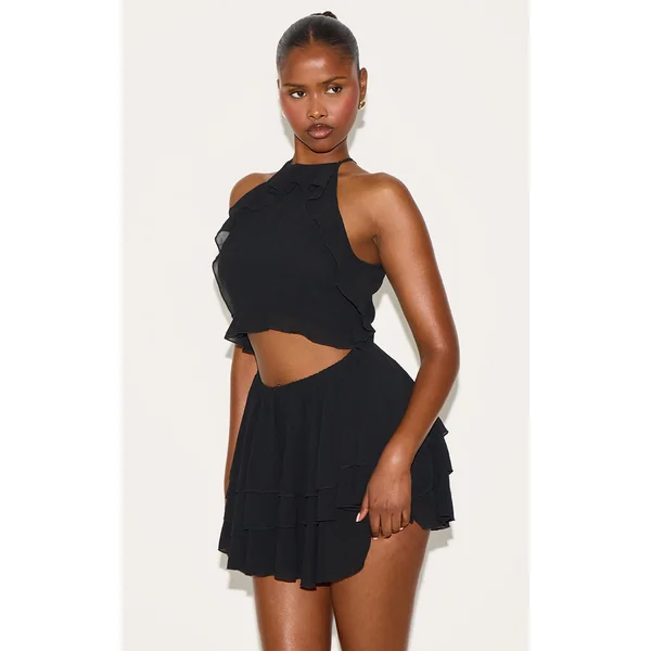 Black Halterneck Frill Cut Out Shift Dress