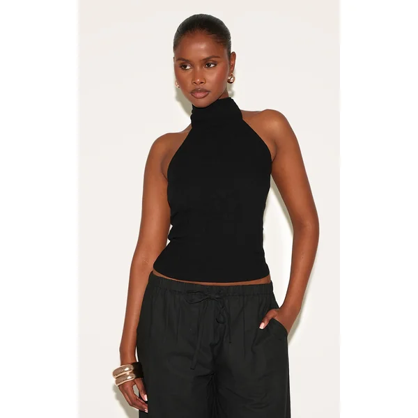 Black Halterneck Lightweight Woven Top
