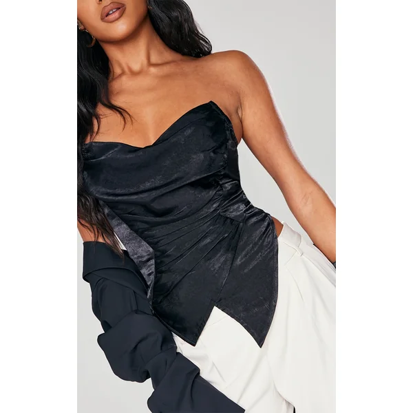 Black Hammered Satin Asymmetric Pointed Hem Corset