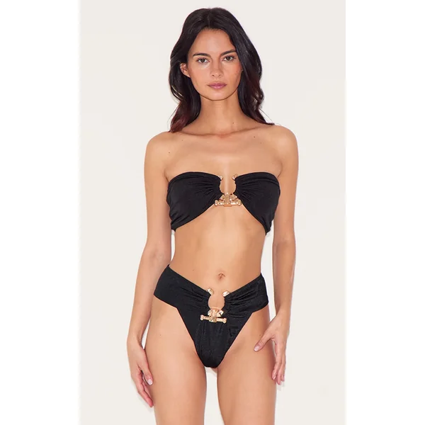 Black Hammered Trim Bandeau Bikini Top