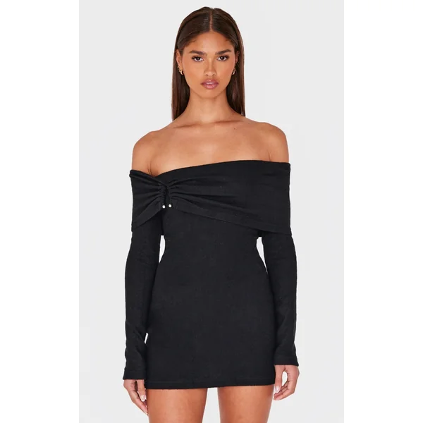 Black Heavy Brushed Rib Bardot Trim Mini Dress