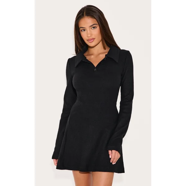 Black Heavy Brushed Rib Button Up Shift Dress