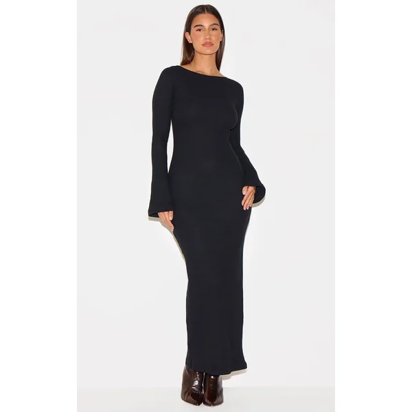Black Heavy Brushed Rib Flared Sleeve Maxi Dress