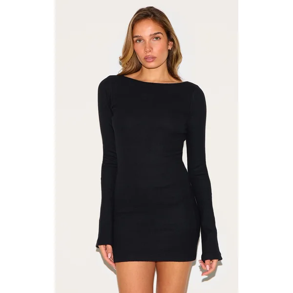 Black Heavy Brushed Rib Flared Sleeve Shift Dress