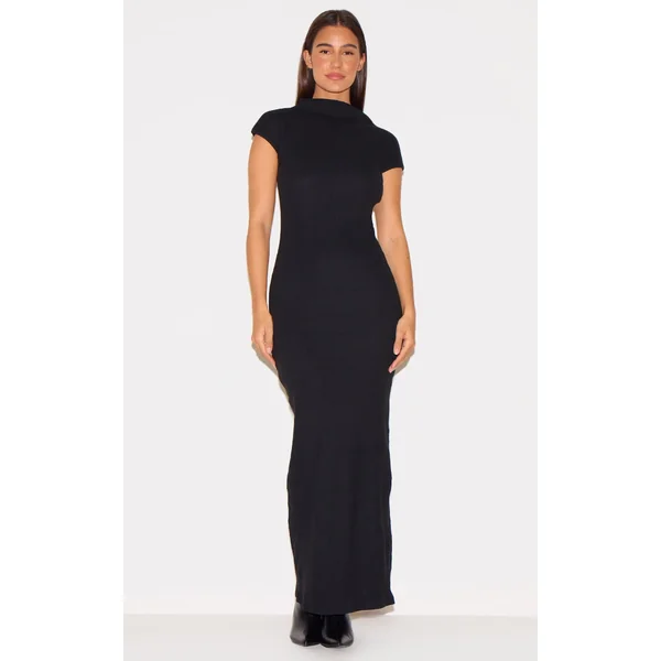Black Heavy Brushed Rib High Neck Cap Sleeve Maxi Dress