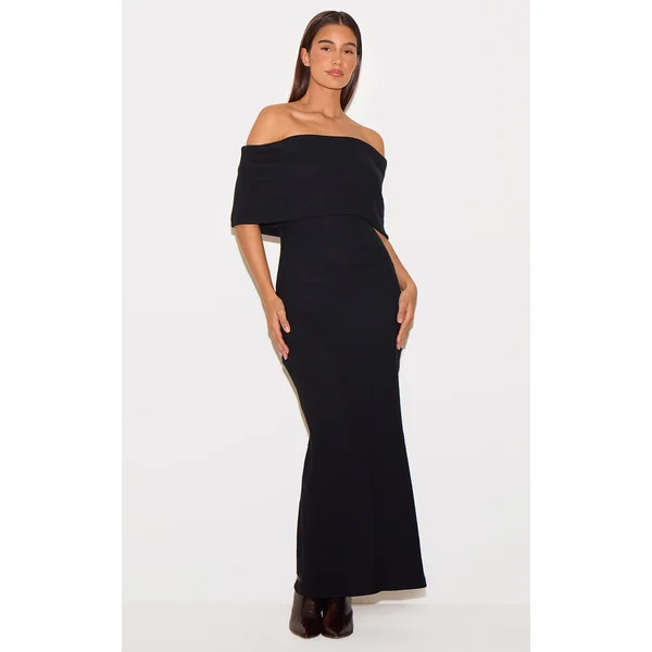 Black Heavy Brushed Rib Sleeveless Bardot Maxi Dress