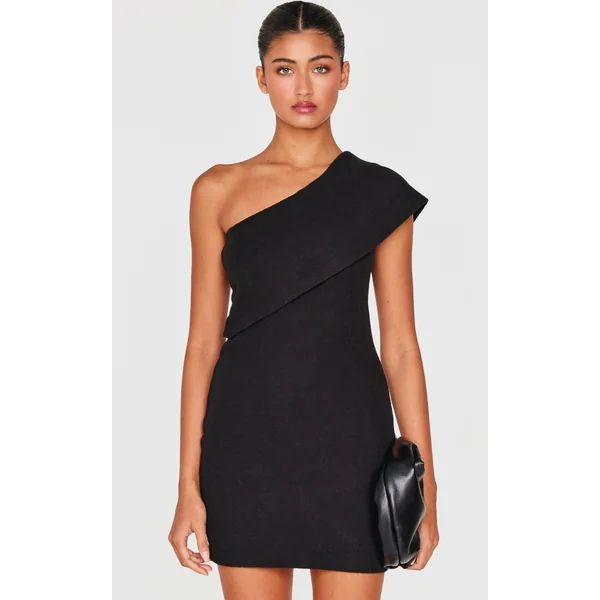 Black Heavy Rib Asymmetric Bodycon Dress