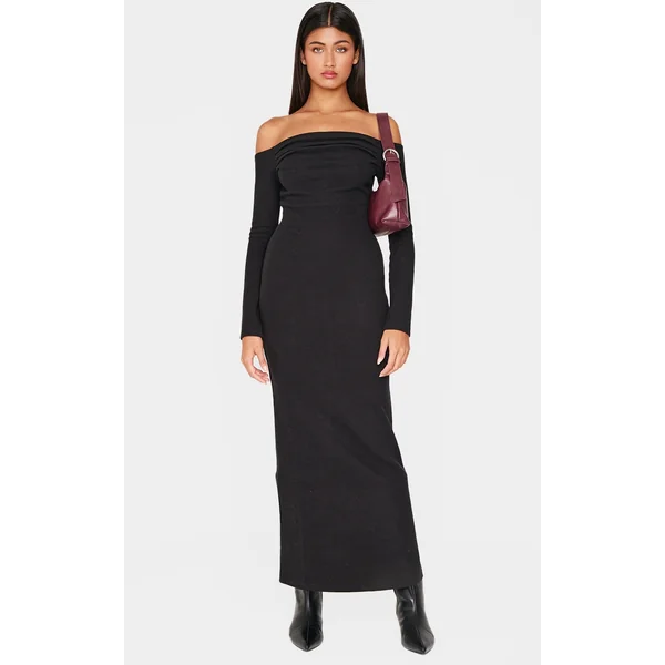 Black Heavy Rib Bardot Long Sleeve Maxi Dress