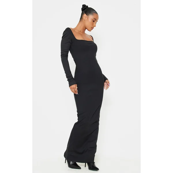 Black Heavy Rib Square Neck Maxi Dress