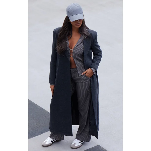 Black Herringbone Self Tie Maxi Coat