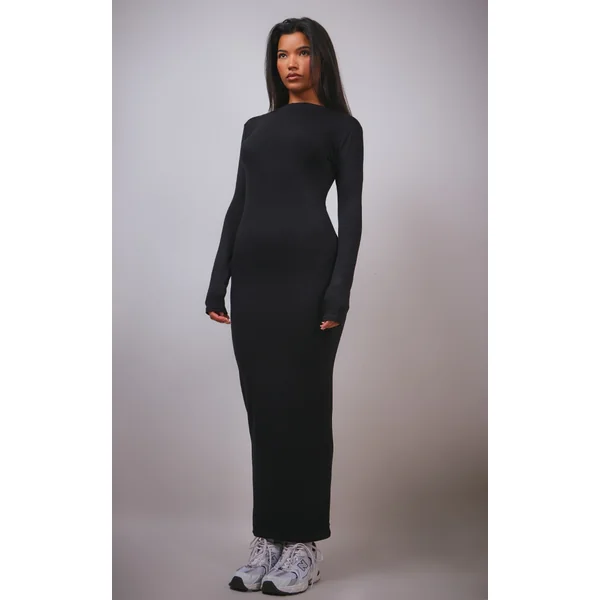 Black High Neck Boat Neck Split Maxi Dress