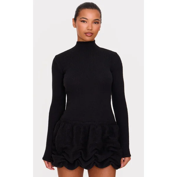 Black High Neck Knitted Puffball Mini Dress