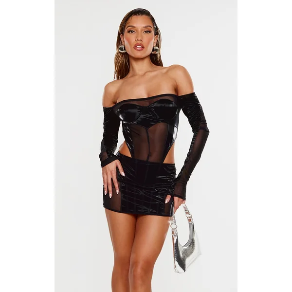 Black High Shine Panelled Bardot Corset