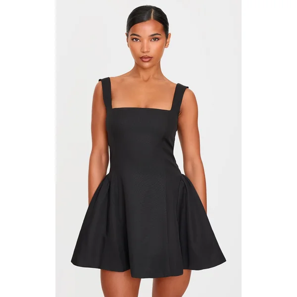Black Hip Pleated Shift Dress