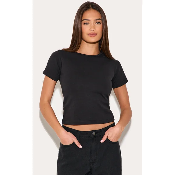 Black Interlock Longline Short Sleeve Top