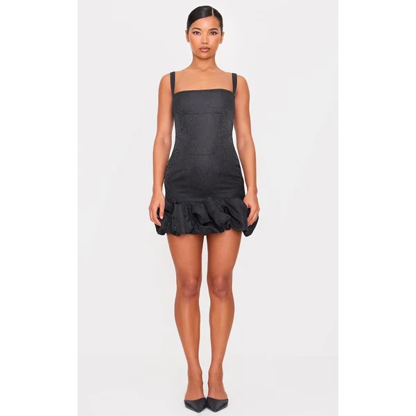 Black Jacquard Puff Ball Hem Mini Dress