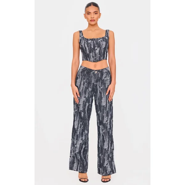Black Jacquard Style Wide Leg Jeans