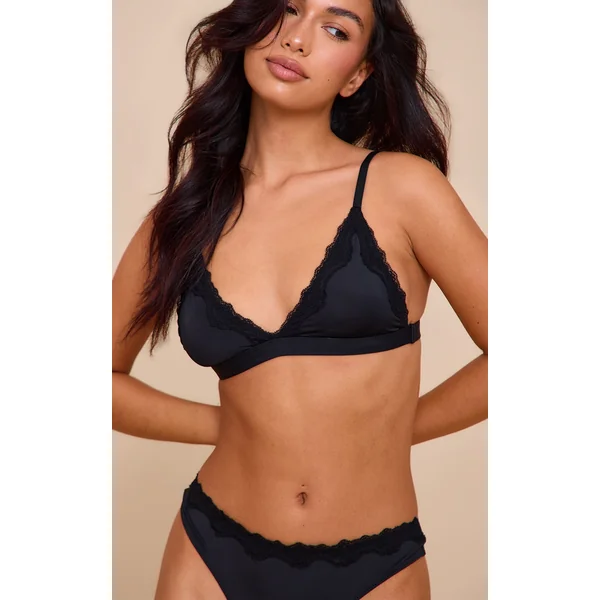 Black Jersey Lace Trim Triangle Lingerie Set
