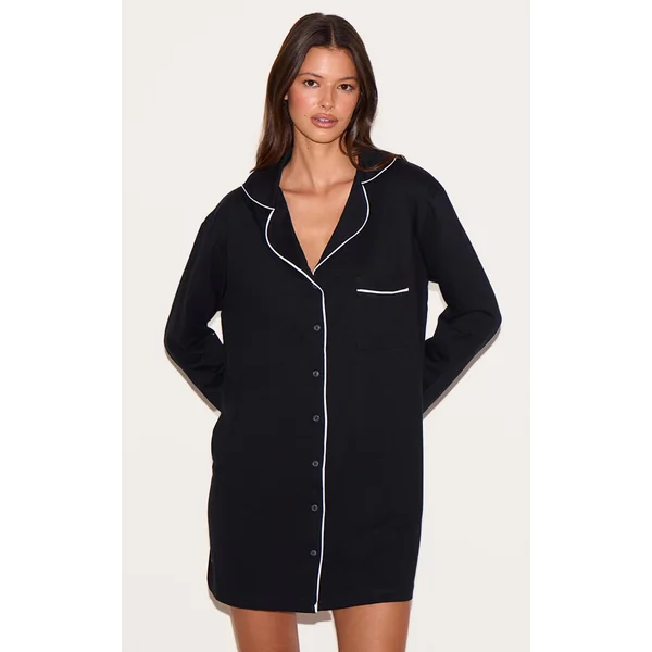 Black Jersey Piping Detail Long Sleeve Nightdress