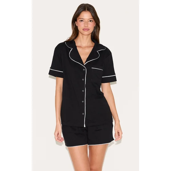 Black Jersey Piping Short Pj Set