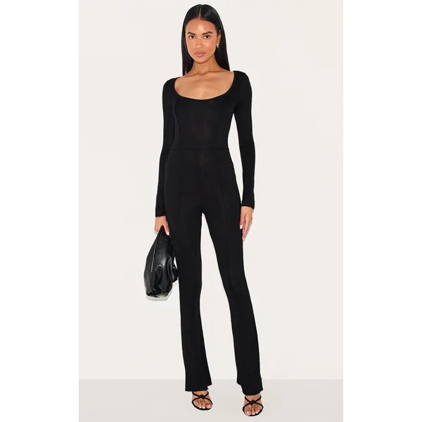 Black Jersey Seam Detail Split Sleeve Jumpsuit