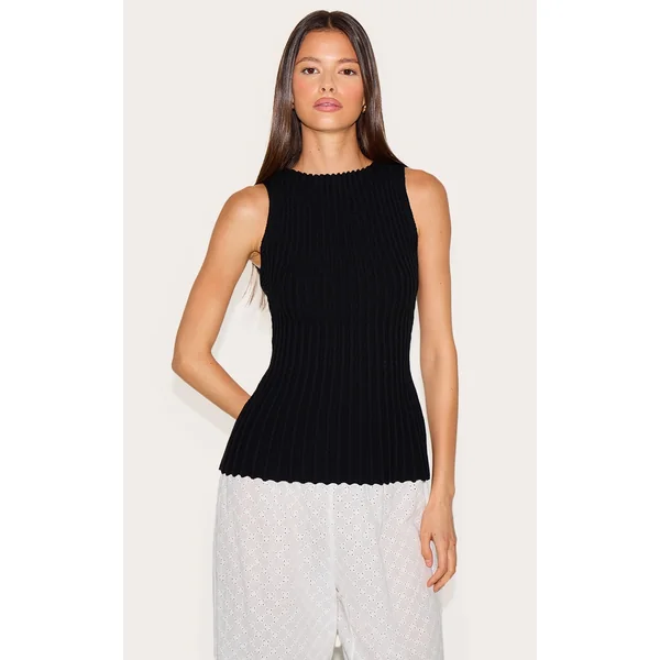 Black Knit Boat Neck Peplum Top