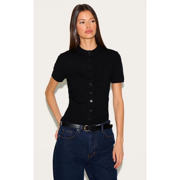Black Knit Button Through Top