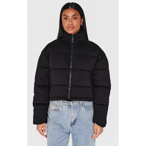 Black Knit Jersey Cropped Padded Jacket