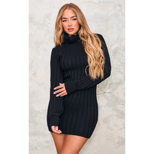 Black Knitted Roll Neck Sweater Dress