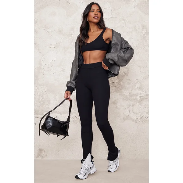 Black Knitted Split Hem Flare Pants