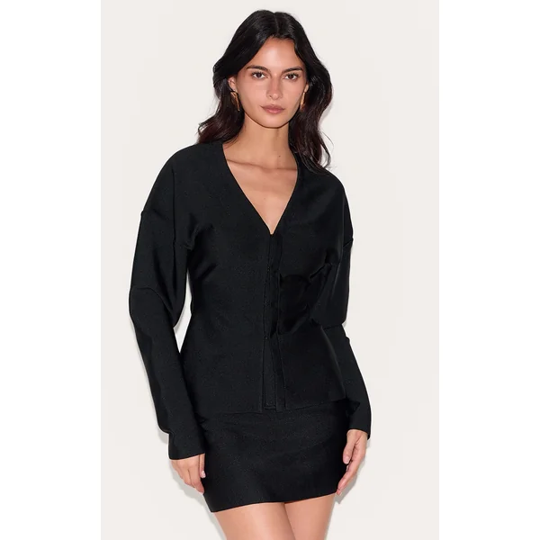 Black Knitted Tailored Hook And Eye Cardigan