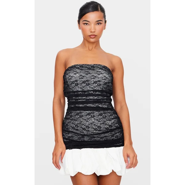 Black Lace Bandeau Puff Hem Mini Dress