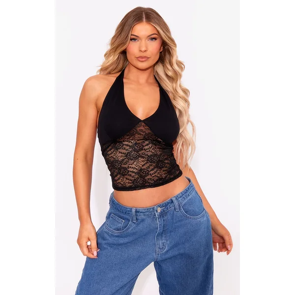 Black Lace Body Cotton Bust Halterneck Top