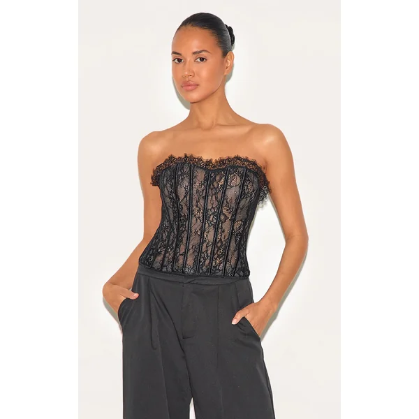 Black Lace Boned Lace Up Back Corset