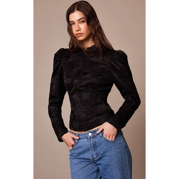 Black Lace High Neck Puff Sleeve Jacket