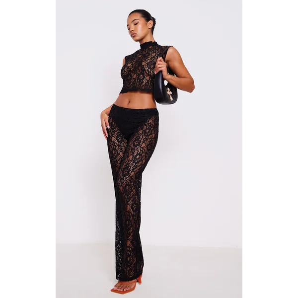 Black Lace High Waist Flared Pants