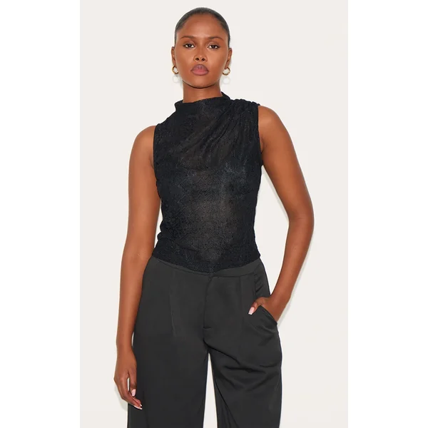 Black Lace Ruched Shoulder High Neck Top