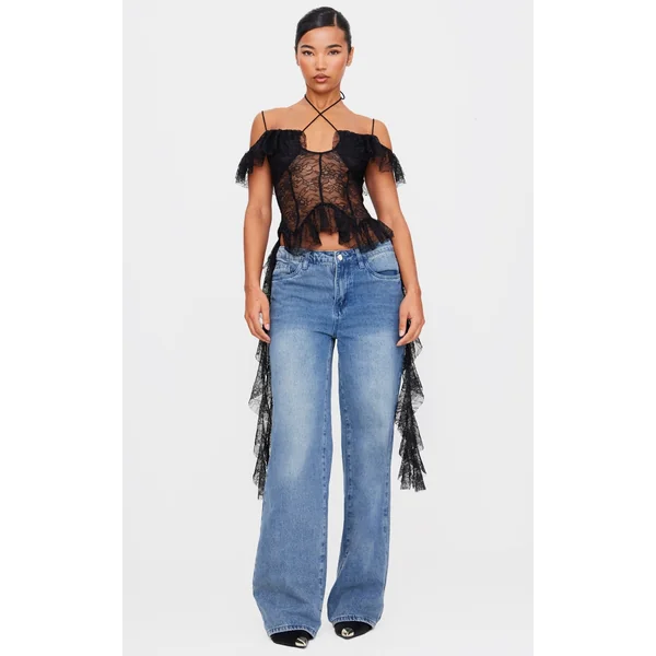 Black Lace Ruffle Halterneck Long Top