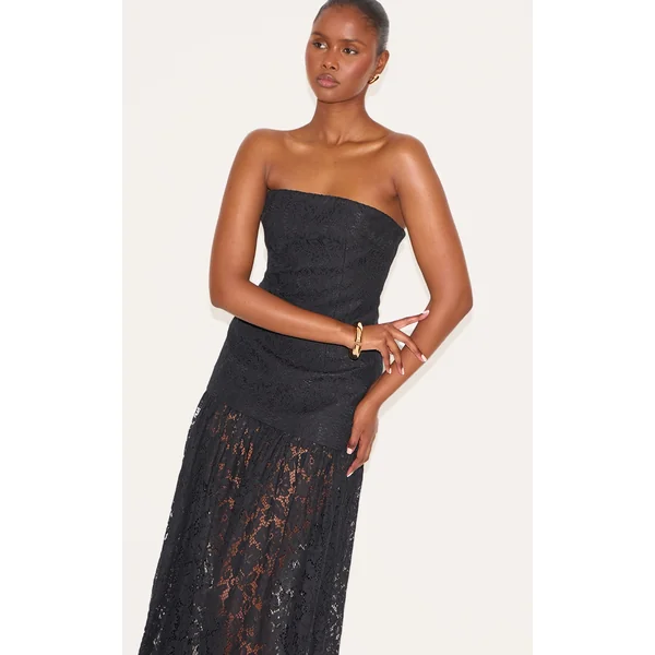 Black Lace Sheer Skirt Panel Bandeau Midaxi Dress