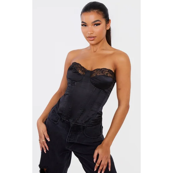 Black Lace Trim Satin Corset