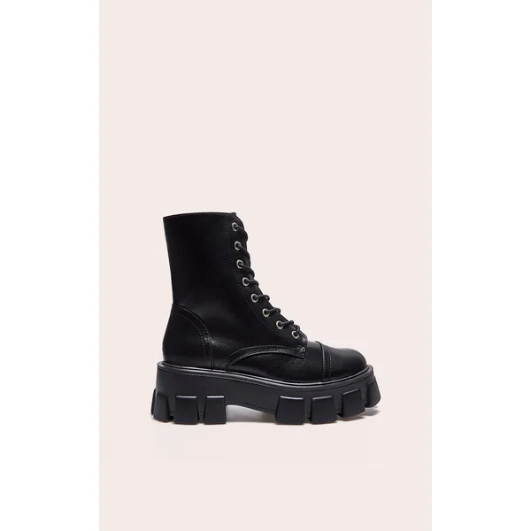 Black Lace Up Extreme Cleated Sole Combat Boots